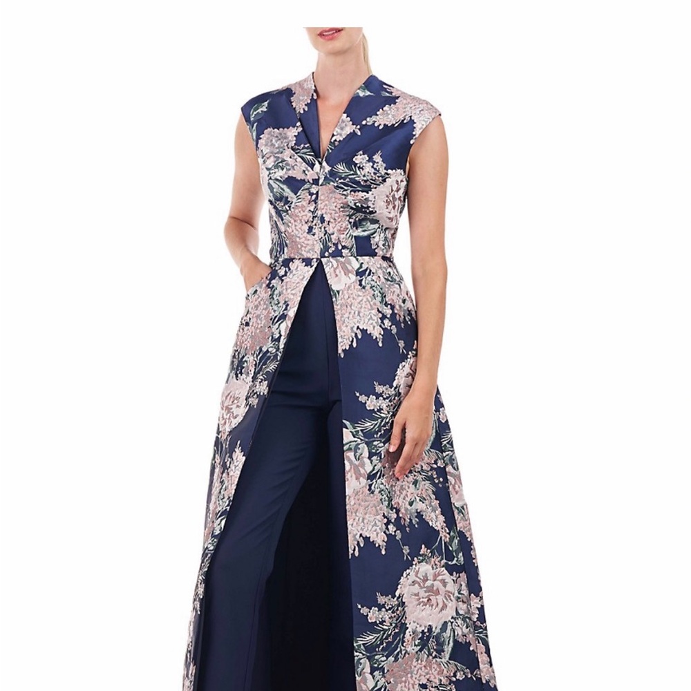 Kay Unger Navy and Pink Floral Maxi Dress